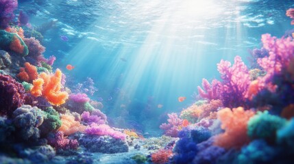 Fototapeta premium Underwater Scene of Coral Reefs Impacted by Microplastics Showcasing Serene Atmosphere with Natural Light and Colorful Corals