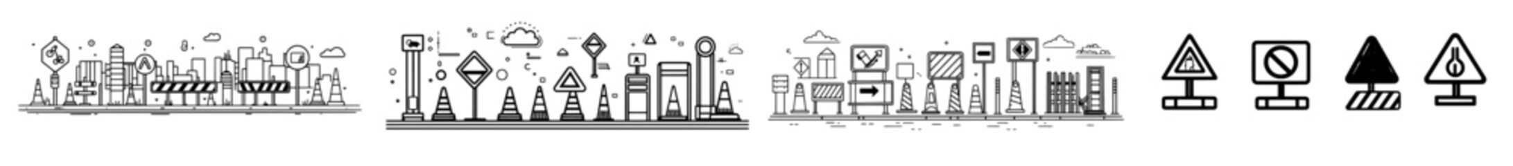 Naklejka premium Roadblock, traffic barrier, and construction sign modern icon set. Ideal for infrastructure, construction, and transportation illustrations. Monochrome outline style.