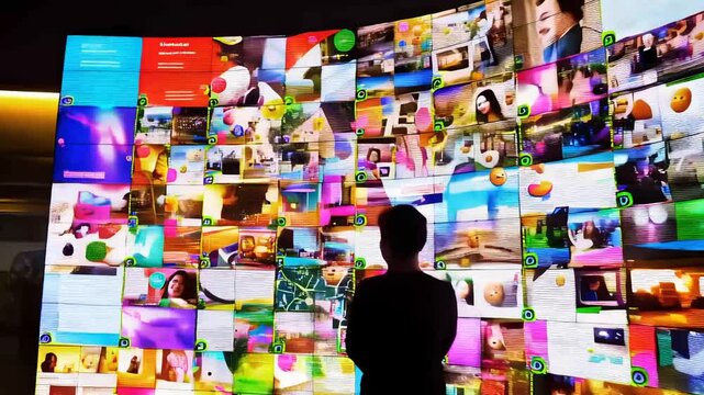 A man stands before a large, curved video wall displaying a multitude of images and videos. A visual representation of information overload or digital media.