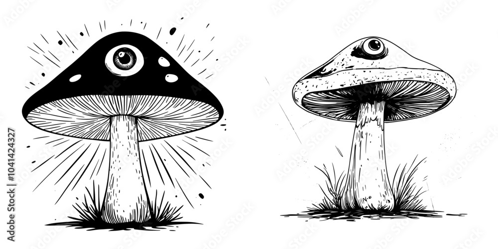 Poster drawing of an eye on a mushroom in blue ink with a surrealistic sense of reality