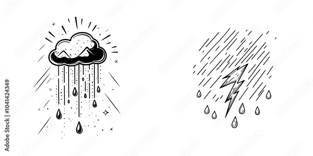 Poster design of a minimalistic lightning and rain weather icon