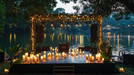 Obraz premium Tranquil Riverside Concert Setup at Dusk