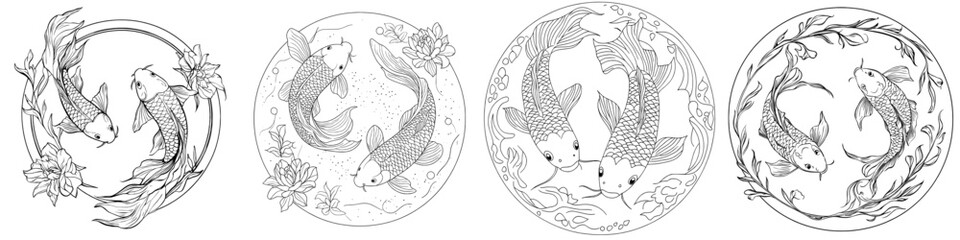 Obraz premium Drawing sketch style illustration of a koi or nishikigoi carp swimming in a circle on an isolated background in black and white.