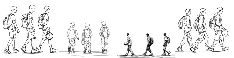 Fototapeta premium This is a contemporary drawing of three boys playing ball with a single line of text