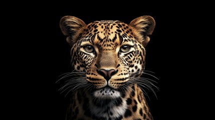 Fototapeta premium Leopard portrait featuring the animal s face against a dark backdrop