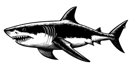 Fototapeta premium A hand-drawn illustration of a shark in black and white in an engraved style