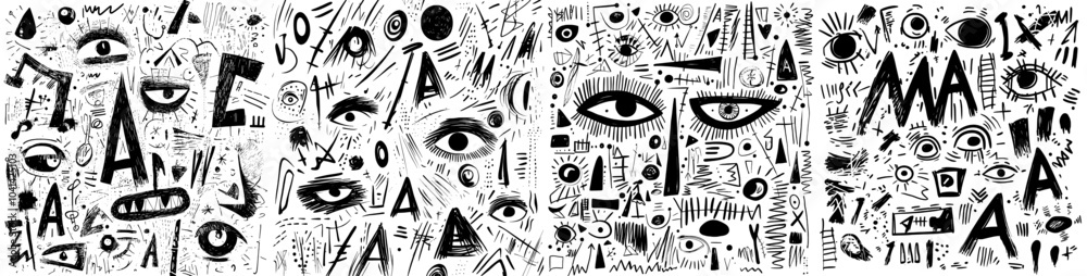 Leinwandbilder The Charcoal Doodle Scribble Hand Drawn Abstract Sketch Elements Set combines the artist's style with modern shapes. Black and white geometric patterns are isolated to create the rustic primitive