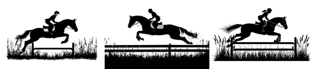 Rider jumping over hurdles with horse, modern silhouette