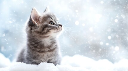 Fototapeta premium Adorable gray kitten perched on snow featuring ample space for text Winter wonderland backdrop perfect for festive themes