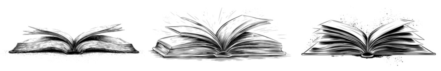 Illustration of an open book with pages spread out in black and white