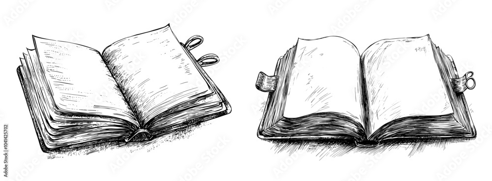 Poster a spiral notebook with blank pages and a planner, illustrated in a vintage style. an outlined modern