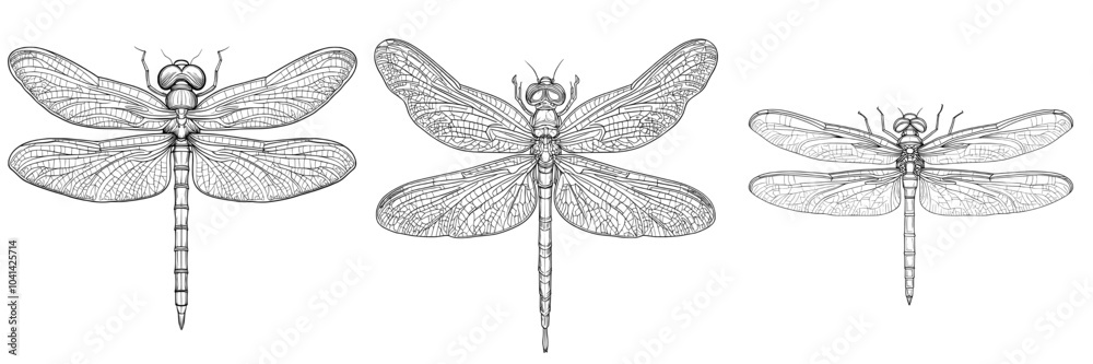 Poster dragonfly flying in a summer wind on white background. damselfly line drawing in black. top view. mo