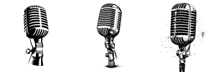 Hand drawn modern illustration of vintage microphone isolated on white background. Recording mic for podcasts, radio, music design. Monochrome sketch.