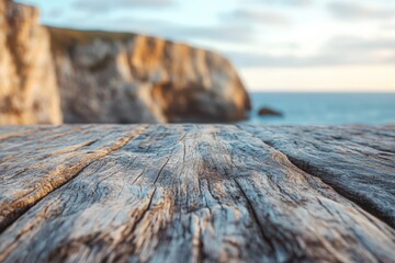 Ground level angle view, weathered driftwood surface with blurred coastal cliffs and ocean horizon in the background, soft sunlit tones creating a relaxed, beachside ambiance, ad promo template