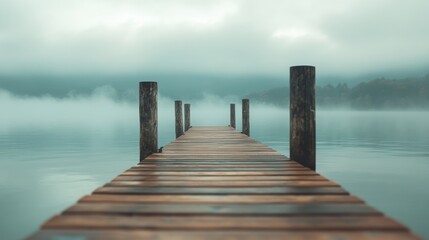 Fototapeta premium Wooden dock stretching into a serene misty lake beneath a cloudy sky Close up view