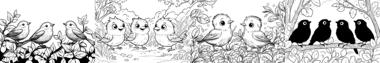 Obraz premium Children's and adult coloring book page showing birds perched on leaves