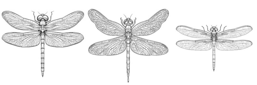 Dragonfly flying in a summer wind on white background. Damselfly line drawing in black. Top view. Monochrome insect for invitations, tattoos, and coloring books. - Powered by Adobe