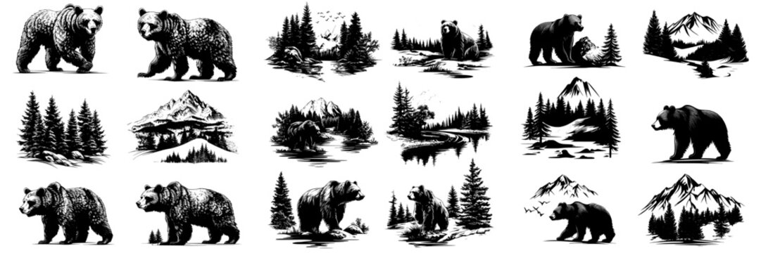 Modern bear illustrations with forest and mountain backgrounds; perfect for nature-themed prints.