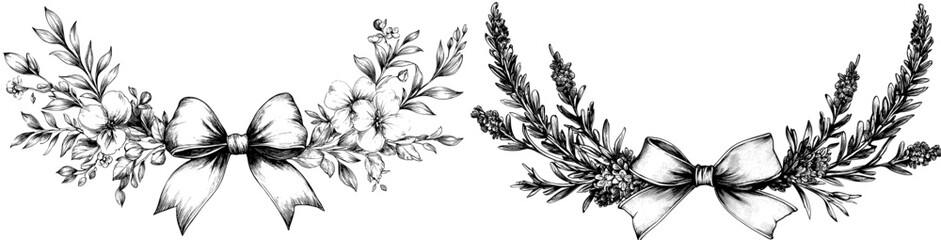 Decorative branches with lavender flowers and leaves, decorated with satin bows. Hand drawn illustration in black and white ink. Horizontal, rectangular frame with text template.