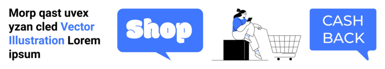 Person with phone next to shopping cart and SHOP speech bubble with CASH BACK speech bubble. Ideal for e-commerce, online shopping, cashback programs, digital marketing, and web design. Vector, blue