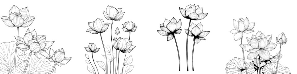 Water Lily bouquet with monochrome Lotus flowers and leaves. Hand-drawn composition for posters, cards, greeting cards, spas, and cosmetics.