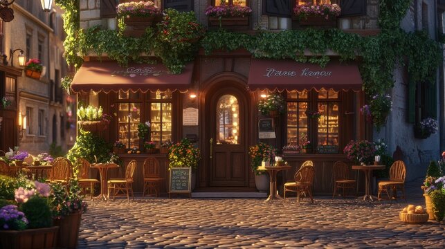 Parisian Cafe with Hanging Flowers and Cozy Atmosphere