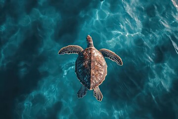 Fototapeta premium Gentle sea turtle gliding through clear blue waters. 