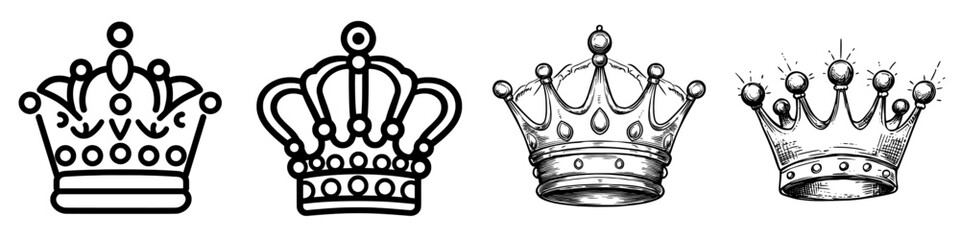 A simple monochrome sketch of a classic crown, medieval crown with teeth, and royalty emblem designed in a doodle style.