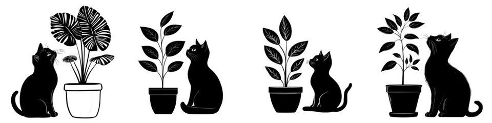 Obraz premium This minimal design depicts a black cat sitting beside a potted plant in an engraving style.
