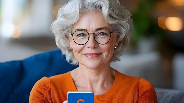 Cheerful and Content Senior Adult Woman Celebrating Her Online Achievements and Success While Comfortably Using Smartphone at Home Interior - Powered by Adobe