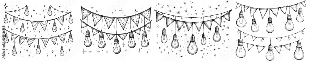 Poster decorative autumn garlands on an isolated background adorned with pennants and lights. linear black 