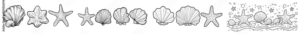 Poster A modern set of seashells. Linear drawing of starfish and scallop painted in black ink in an etching style. Illustration of seashells on an isolated background.