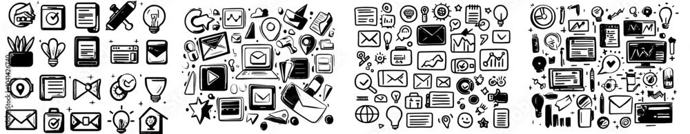 Poster SEO search engine optimization doodle icons set modern. Sketch line art seo copywriting and monitoring, content and analyzing, settings and links.