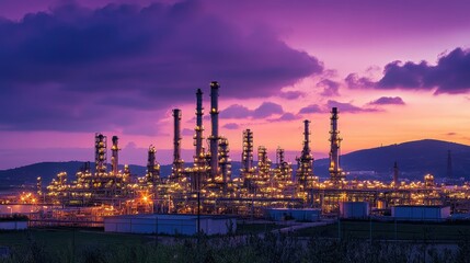 Fototapeta premium An oil refinery lit by golden lights, stretching across the horizon at dusk, with a rich purple sky adding drama to the industrial landscape.