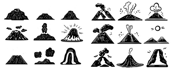 Fototapeta premium The doodle icon set is a modern combination of sketch line art of volcanoes under water and a stratovolcano mountain, a volcanic bomb, magma and a dirty thunderstorm with mud and dirt.
