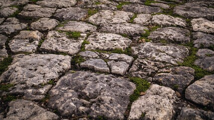 Textured Stone Pavement with Moss: Unique Rough Surface Details