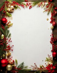 christmas greeting card frame with fir, hollys and baubles