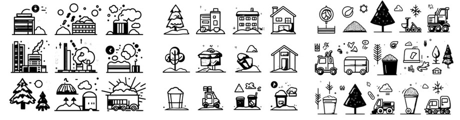 Fototapeta premium Sketch line art medical garbage disposal and metals sorting, waste industrial processing and pressing, burial underwater contour illustrations.<extra_id_20> waste management business doodle icons