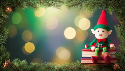 Elf on shelf sitting on books against a Christmas background 