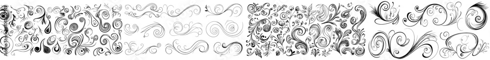 Aufkleber A curved black design with swoosh lines and underlines. A swish and curly swash modern calligraphic tail. Squiggle doodles and curved dividers for decoration.