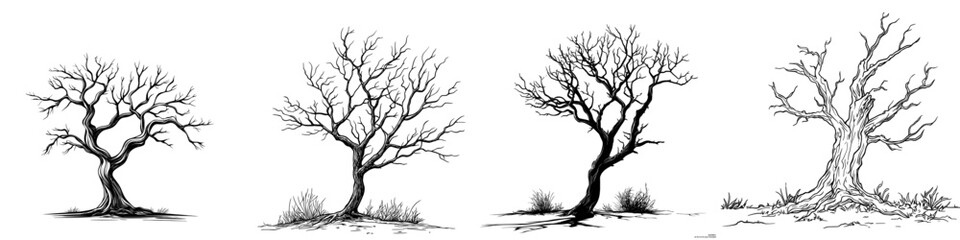 Fototapeta premium Line drawing of a scary Halloween tree. Graphic monochrome illustrations. For coloring books, invitations, and decor.