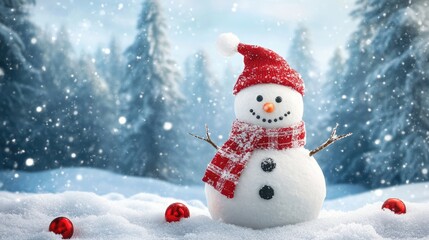 Fototapeta premium Festive backdrop featuring a snowman amidst a winter landscape