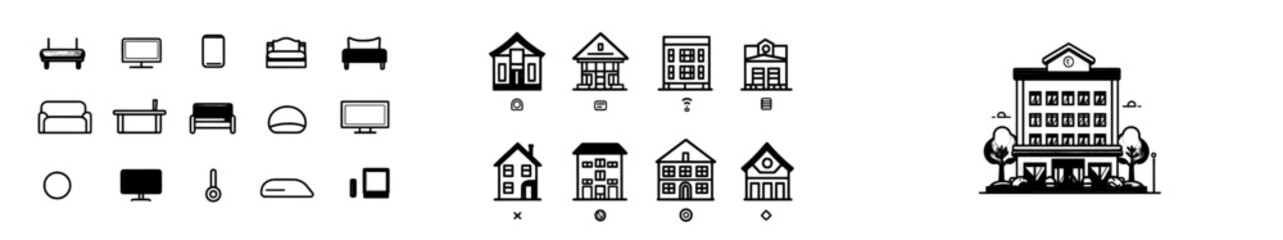 The hotel collection icon line is designed in a trendy style with editable strokes