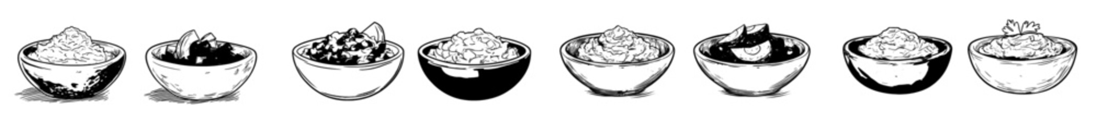 Obraz premium This is a hand-drawn sketch of a bowl with guacamole and salsa sauce. This is a modern black ink outline of Mexican food, cuisine. This is an illustration for the menu. Latin America.