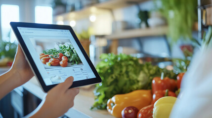 Cooking Healthy Meal with Tablet Recipe in Modern Kitchen