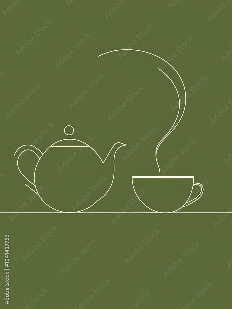 Sticker A simple line illustration features a teapot and cup releasing steam, set against a tranquil green backdrop, evoking a serene tea experience. Generative AI