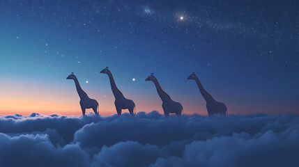 Giraffes walking on clouds, their necks stretching up to reach the stars in a twilight sky 