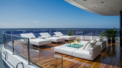Obraz premium Luxurious yacht deck with ocean view and stylish decor