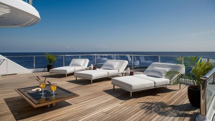 Fototapeta premium Luxurious yacht deck with ocean view and stylish decor