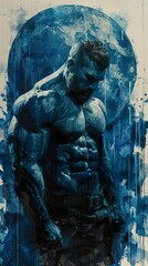 Muscular Man in Blue: A Watercolor Portrait